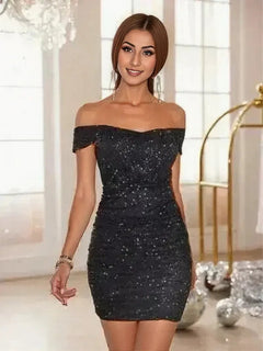 Glitter Ruched Off-Shoulder Mini Dress
