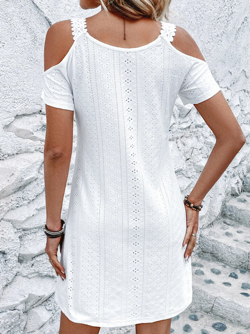 Cold Shoulder Short Sleeve Eyelet Mini Dress