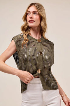 SO ME Big Metal Button Front Openwork Sweater Vest
