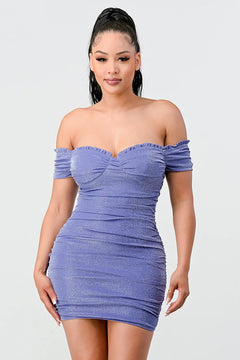 LUX SHINY METALIC GLITTER RUFFLED OFF SHOULDER BODYCON MINI DRESS