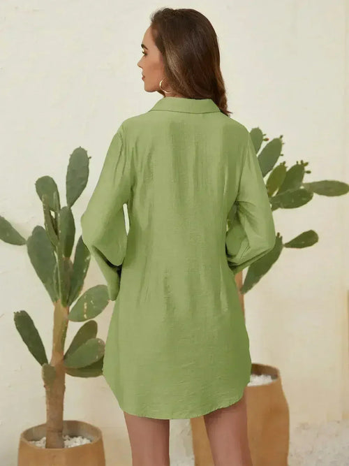 Collared Neck Long Sleeve Mini Shirt Dress