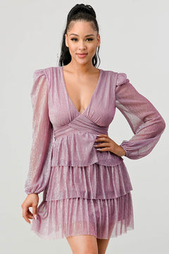 LUX FANTASY GLITTER DEEP V-NECK TIERED PEASANT SLEEVES FIT AND FLARE RUFFLED MINI DRESS