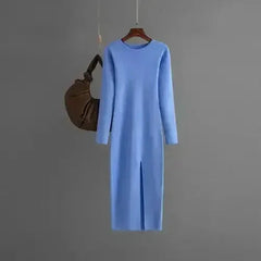 Autumn And Winter Long Sleeve Knitted Backless Round Neck Dress