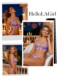 Lavender Floral Embroidered Satin Push-up Lingerie Set