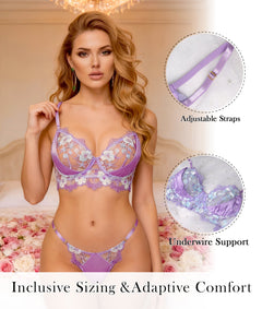 Lavender Floral Embroidered Satin Push-up Lingerie Set