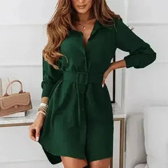 Knee-Length Casual A-Line Slim Fit Shirt Dress with Long Sleeves