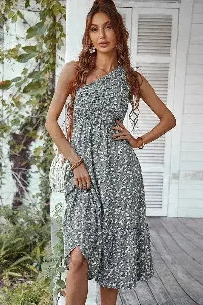 Floral one shoulder smocked dress