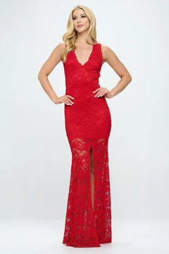 DEEP V NECK LACE MERMAID MAXI DRESS