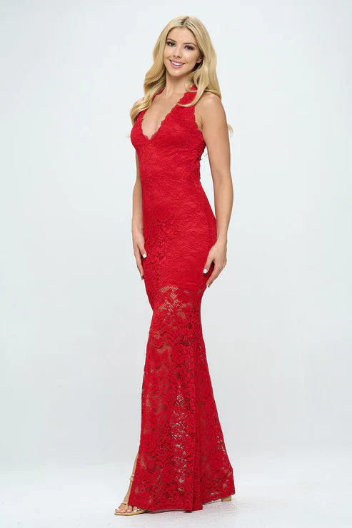 DEEP V NECK LACE MERMAID MAXI DRESS