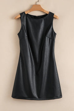 Black Faux Leather Sleeveless Round Neck Mini Dress