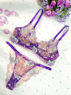 Purple Petal Embroidered Lingerie Set