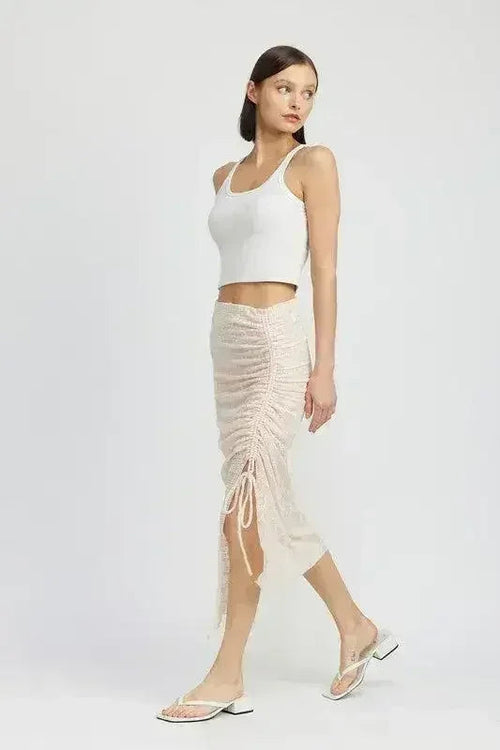 Nadia's Statement High-Slit Ruched Lace Skirt
