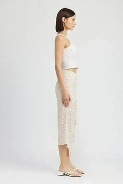 Nadia's Statement High-Slit Ruched Lace Skirt