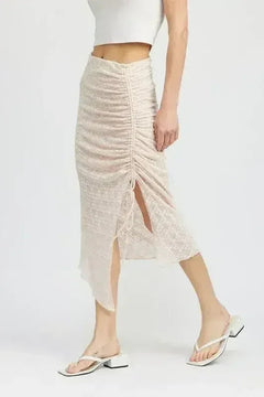 Nadia's Statement High-Slit Ruched Lace Skirt