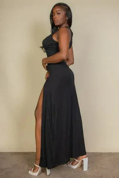 Plunge Neck Thigh Split Dress