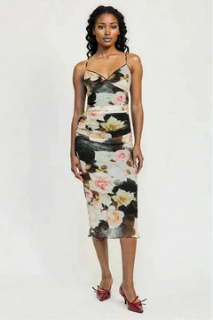 RUCHED MIDI V NECK DRESS