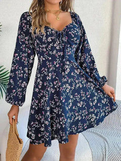Printed Sweetheart Neck Balloon Sleeve Mini Dress