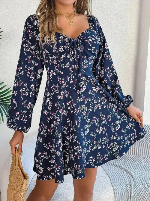 Printed Sweetheart Neck Balloon Sleeve Mini Dress