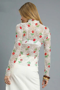 Umgee Floral Mock Neck Long Sleeve Sheer Top