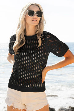 BiBi Crochet Lace Top With Puff Sleeves