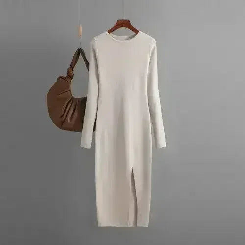 Autumn And Winter Long Sleeve Knitted Backless Round Neck Dress
