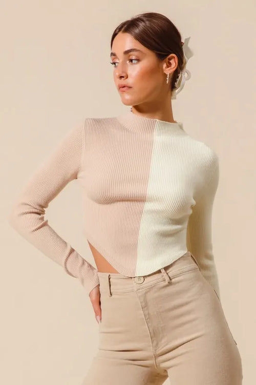 SO ME Color Block Fitted Crop Sweater Top