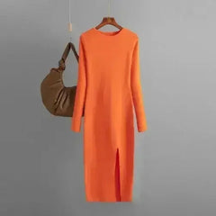 Autumn And Winter Long Sleeve Knitted Backless Round Neck Dress