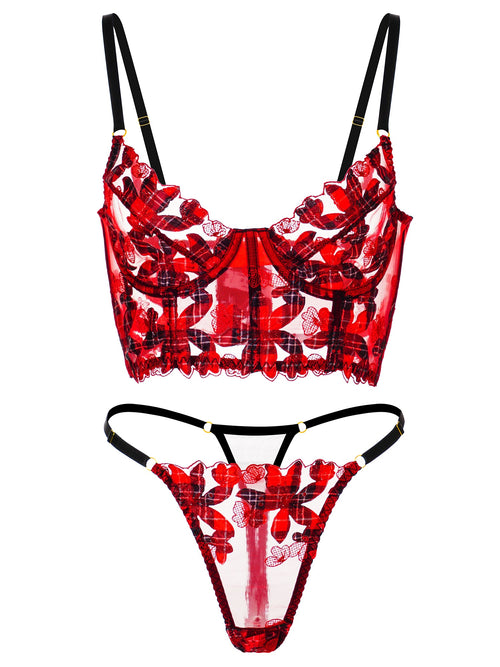 Red Tartan Flower Lingerie Set