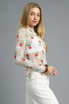 Umgee Floral Mock Neck Long Sleeve Sheer Top