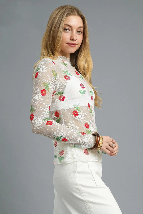 Umgee Floral Mock Neck Long Sleeve Sheer Top