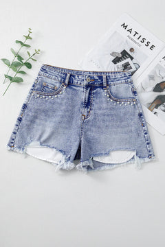 Beau Blue Pearl Studded Pocket Raw Hem Denim Shorts