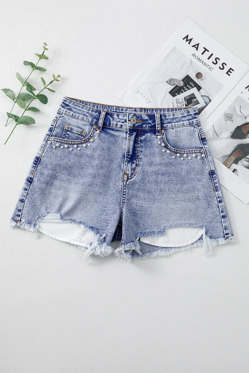 Beau Blue Pearl Studded Pocket Raw Hem Denim Shorts
