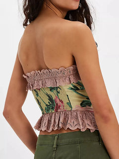 Floral Print Lace Trim Tube Top