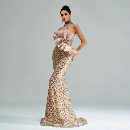 “Champagne Glam” Halter Mermaid Dress – Luxury for Elite Occasions