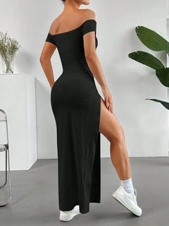 Off-Shoulder High Slit Bodycon Maxi Dress