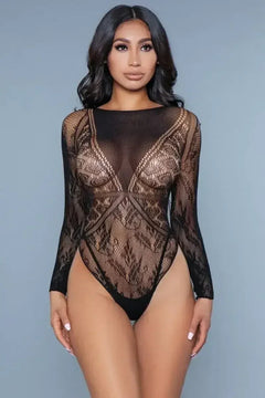 Floral Lace Hearts Bodysuit | Sheer Long Sleeve Design - Femstylo
