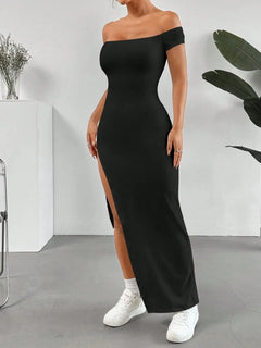 Off-Shoulder High Slit Bodycon Maxi Dress