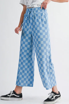 Sky Blue Tie Elastic Waist Checkered Loose Pants