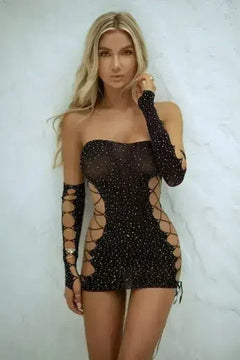 Rhinestone Lace Up Body Stocking with Gloves Set - Femstylo