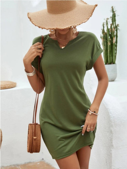 Notched Short Sleeve Mini Tee Dress - Boutique Clothing