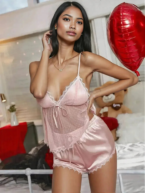 Tied Lace Trim Babydoll Lingerie Set