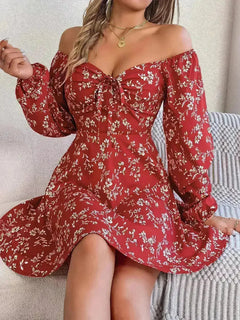 Printed Sweetheart Neck Balloon Sleeve Mini Dress