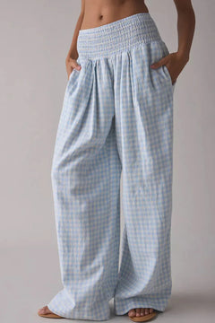 Myosotis Gingham Smocked High Waist Loose Pants