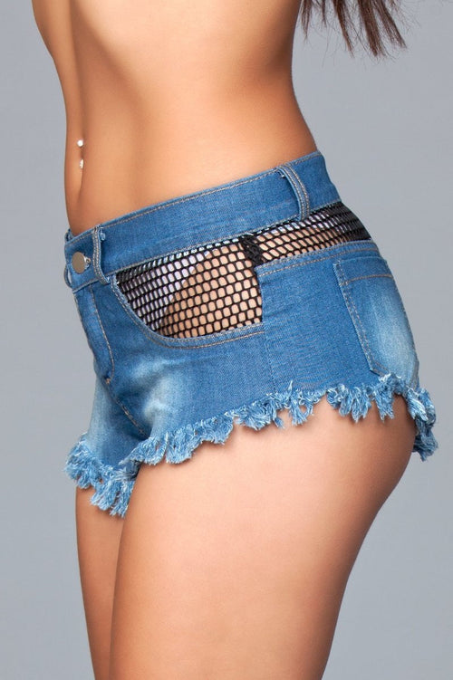 Jade's Edgy Mesh-Detail Denim Shorts