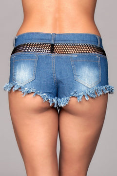 Jade's Edgy Mesh-Detail Denim Shorts