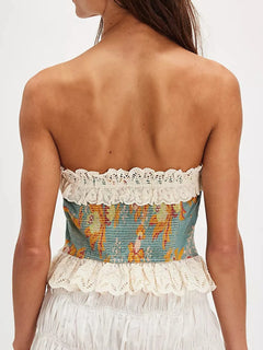 Floral Print Lace Trim Tube Top