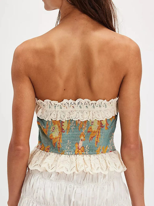 Floral Print Lace Trim Tube Top