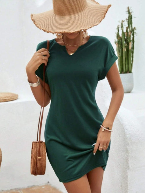 Notched Short Sleeve Mini Tee Dress - Boutique Clothing