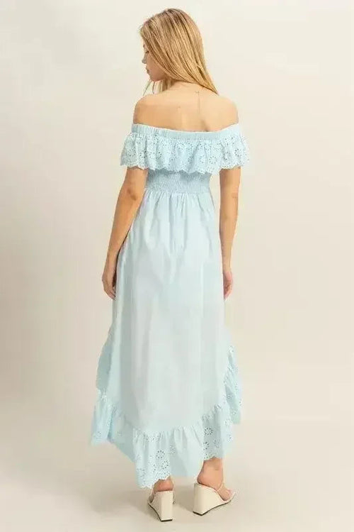 HYFVE Eyelet Off-Shoulder Dress – High-Low Ruffled Hem