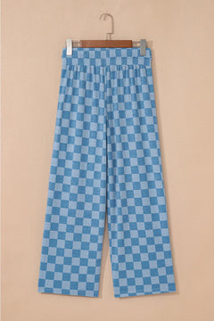 Sky Blue Tie Elastic Waist Checkered Loose Pants